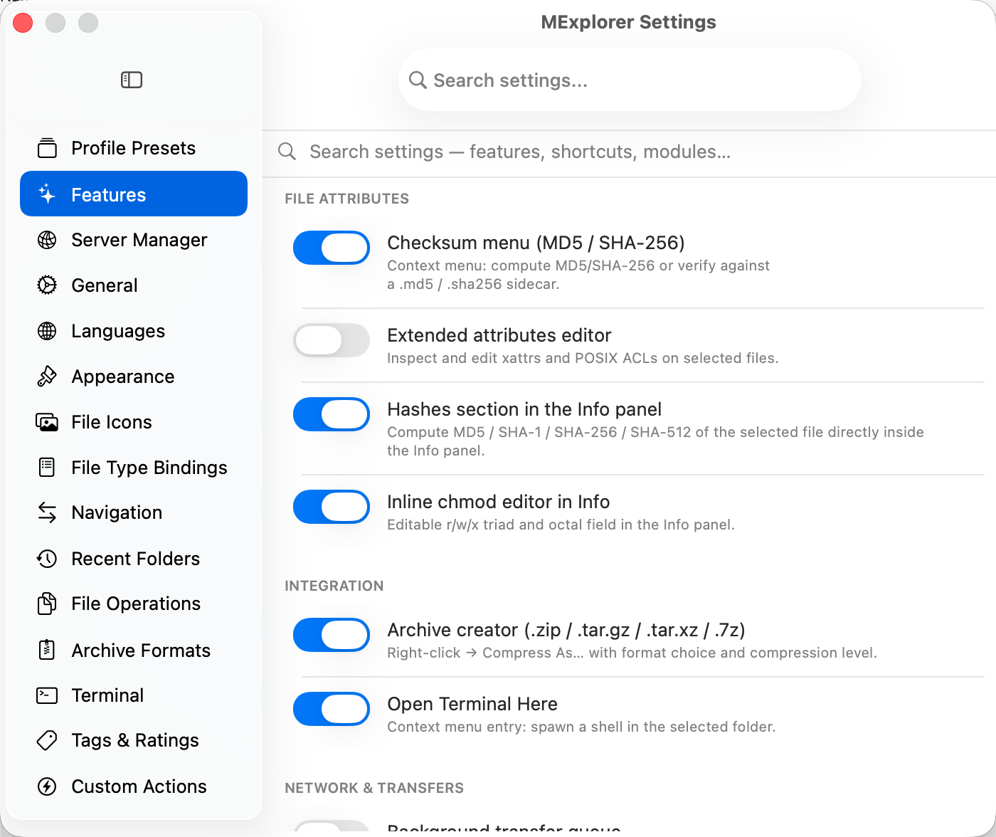 MExplorer Features settings pane