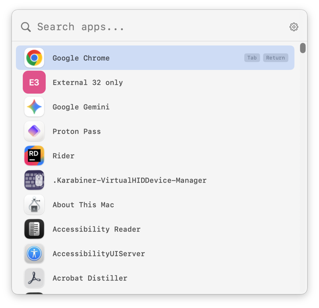 MLaunchy launcher panel showing an app search with results