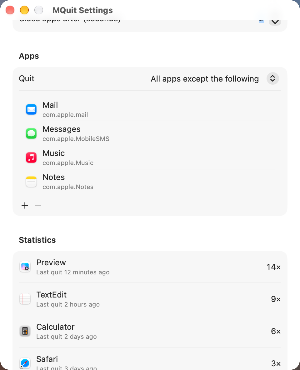 MQuit Apps section: Quit &ldquo;All apps except the following&rdquo; with Mail, Messages, Music and Notes in the list, plus and minus buttons below