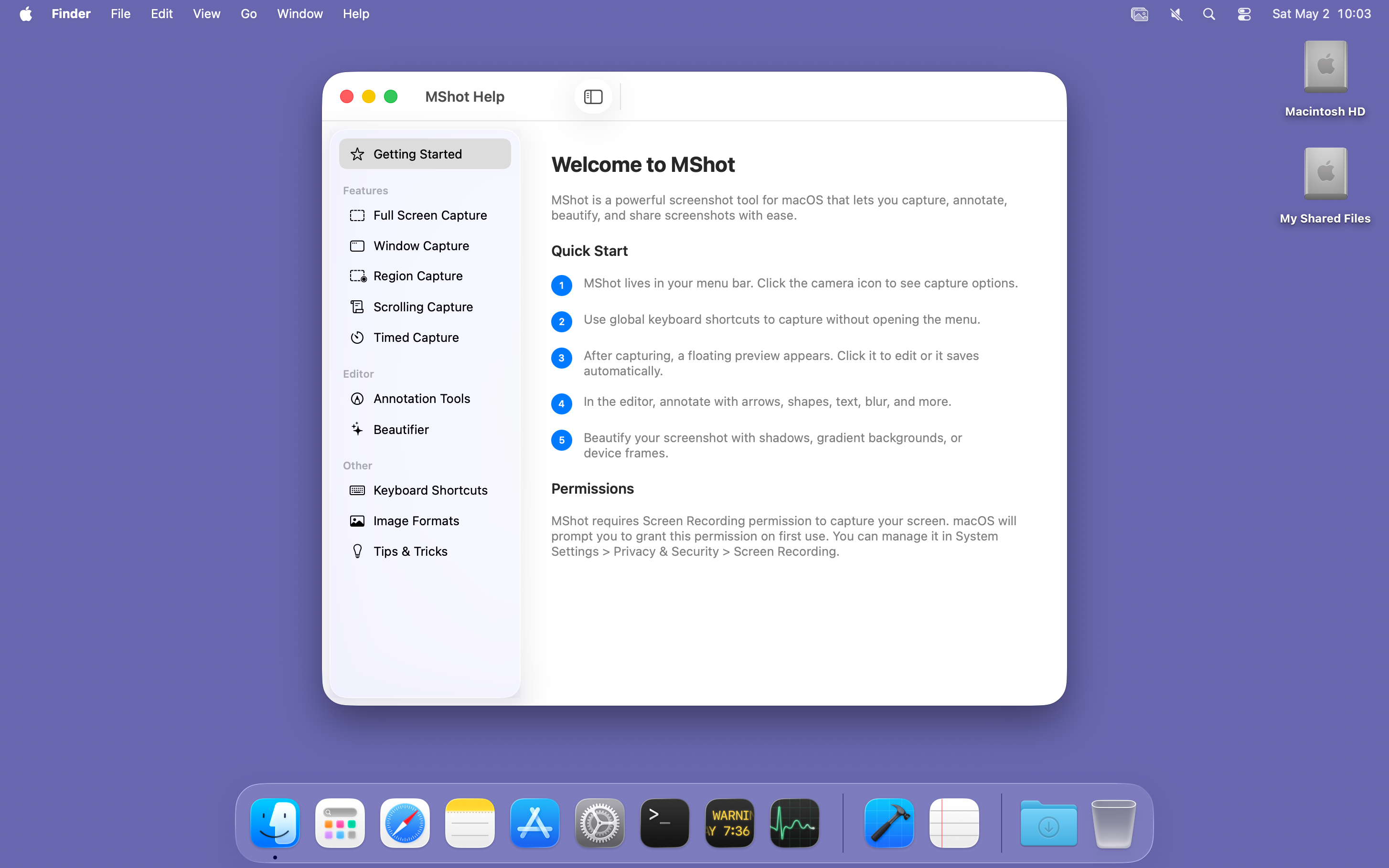 MShot Help window with a sidebar of feature topics (Getting Started, Capture modes, Annotation Tools, Beautifier, Keyboard Shortcuts, Tips & Tricks)