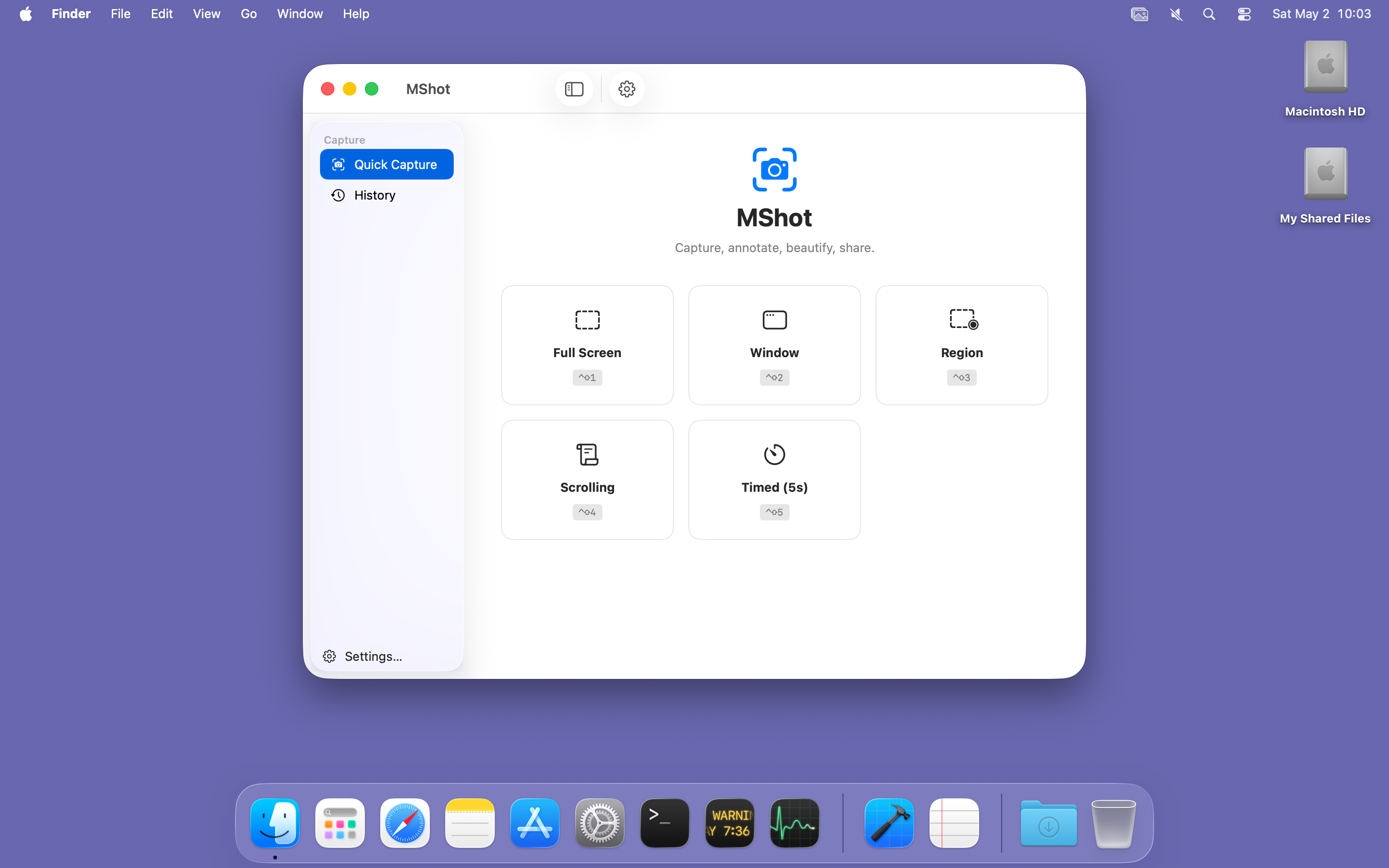 MShot main window with the five capture mode tiles (Full Screen, Window, Region, Scrolling, Timed) and the History sidebar