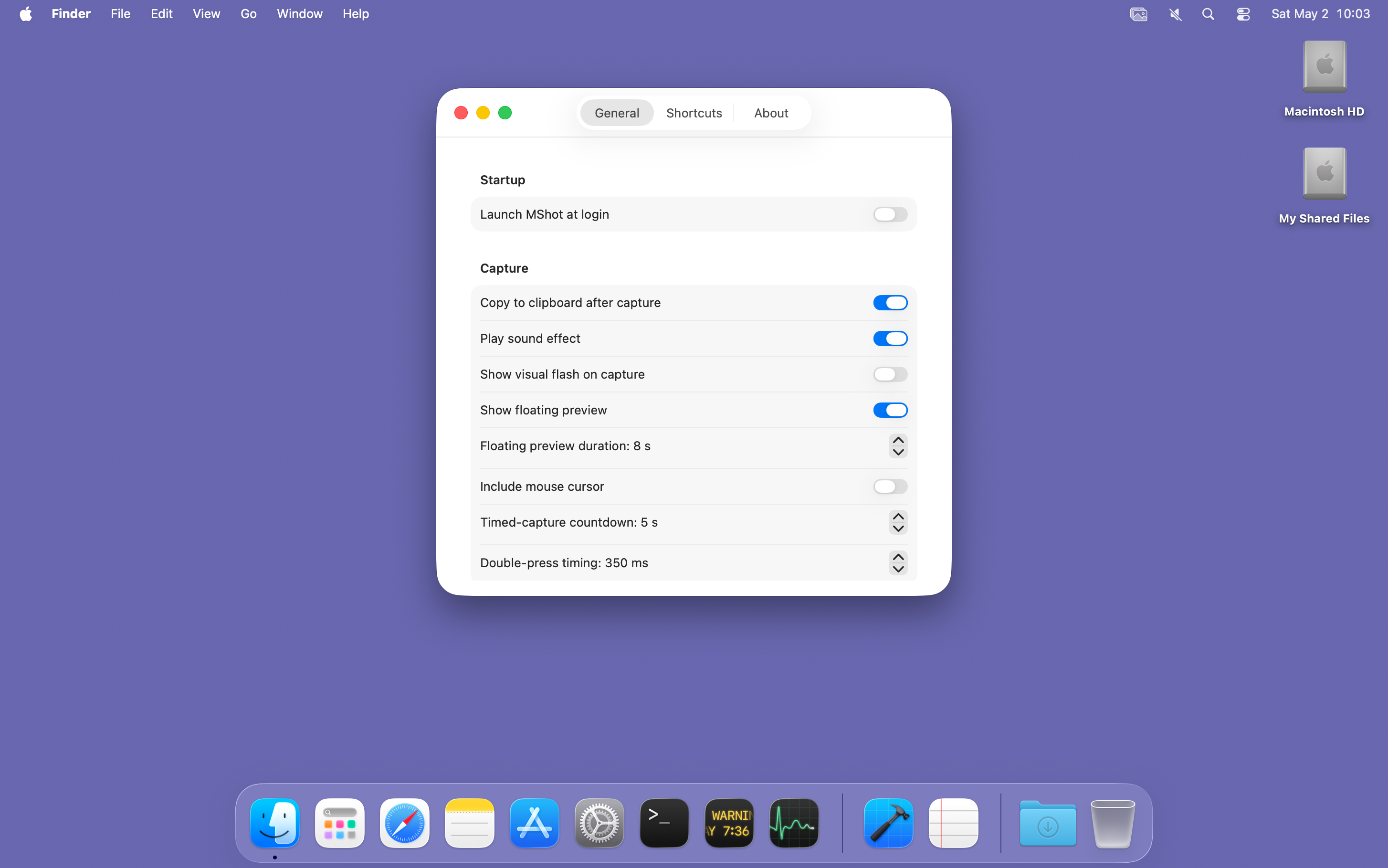 MShot General settings: launch-at-login, copy-to-clipboard, sound effect, visual flash, floating preview toggle and duration, mouse cursor, timed-capture countdown, double-press timing