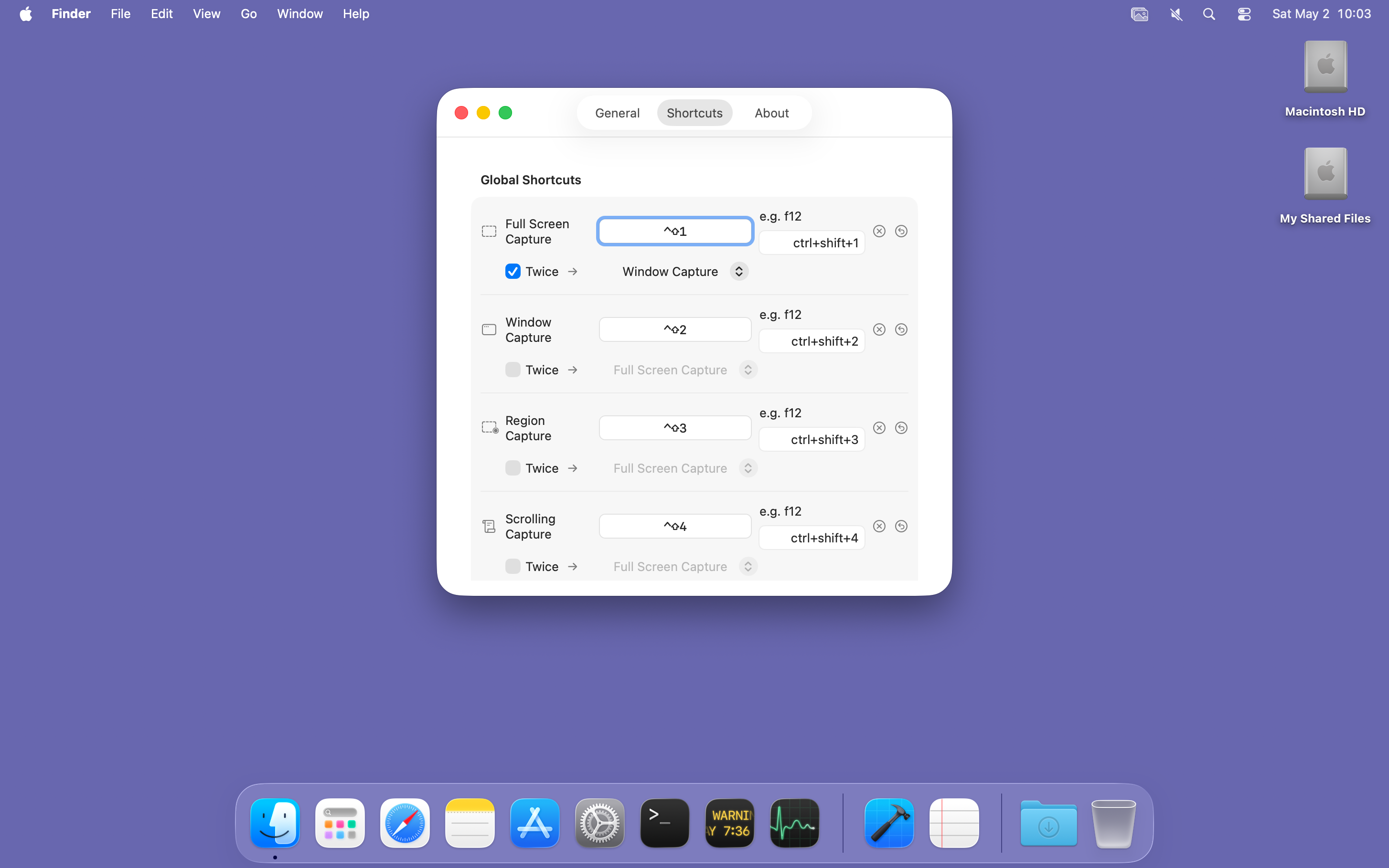 MShot Shortcuts settings: per-capture-mode hotkey recorders with a Twice → promote-to-mode picker
